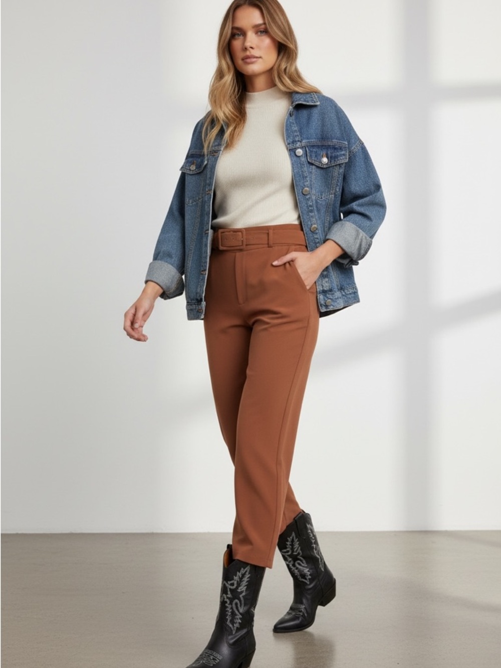 High-Waist Belted Trousers with Brown & Rust - Picture 3 of 4